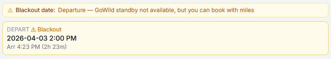 Blackout date warning on flight card