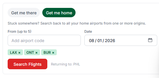 Get me home search form with multiple origin airports