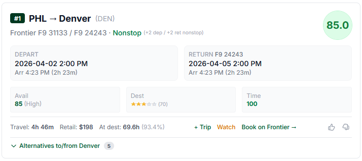 Round-trip flight card with outbound and return